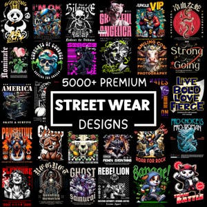 Può includere: Una collezione di design streetwear con varie grafiche, tra cui teschi, animali e testo. I design sono visualizzati su sfondi neri, con un'estetica audace e accattivante. Il testo "STREET WEAR DESIGNS" è ben visibile.