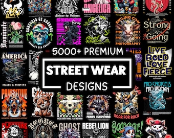 May include: A selection of streetwear designs with diverse graphics, such as skulls, animals, and text. The designs are presented on black backgrounds, with a striking visual appeal. The text "STREET WEAR DESIGNS" is prominently displayed.