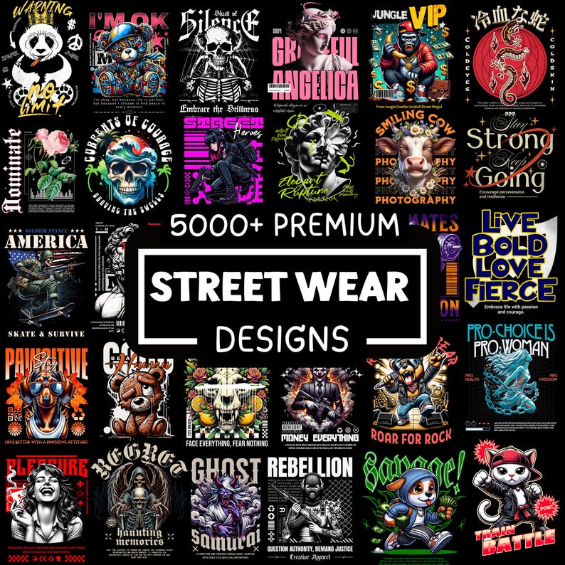 May include: A collection of streetwear designs featuring various graphics, including skulls, animals, and text. The designs are displayed on black backgrounds, with a bold, eye-catching aesthetic. The text "STREET WEAR DESIGNS" is prominently displayed.