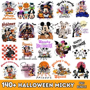 Puede incluir: Una colección digital de más de 140 diseños gráficos con temática de Halloween que presentan ratones de dibujos animados y amigos disfrazados, incluyendo calabazas, fantasmas, telarañas y textos como Happy Halloween, Spooky y Mickey's spell.