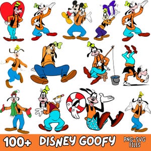 May include: A collection of digital illustrations featuring the cartoon character Goofy in various poses and outfits, including fishing, wearing a winter scarf, holding a life preserver, and performing a handstand, with the text 100+ DISNEY GOOFY PNG-SVG FILES.