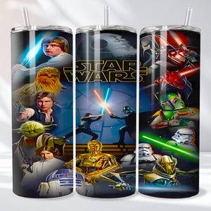 May include: A cylindrical stainless steel tumbler featuring a Star Wars graphic wrap. The design displays various characters including Luke Skywalker, Han Solo, Chewbacca, Yoda, Princess Leia, R2-D2, C-3PO, Darth Vader, and Boba Fett with lightsabers.