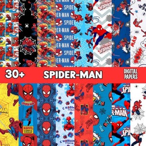 May include: A collection of Spider-Man themed digital papers. The papers feature various patterns with the Spider-Man character, spiderwebs, and comic book style text. Colors include red, blue, and black. The text on the image reads "30+ Spider-Man Digital Papers".