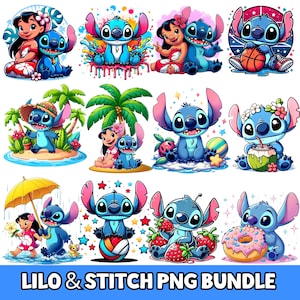 以下が含まれることがあります： リロとスティッチのキャラクターが登場する、カラフルなPNG画像のコレクション。バスケットボールをしたり、イチゴを楽しんだり、リロと一緒にいるスティッチが様々なポーズで描かれています。「LILO & STITCH PNG BUNDLE」の文字が下部にあります。