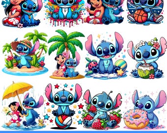 Könnte beinhalten: Eine Sammlung farbenfroher PNG-Bilder mit den Charakteren Lilo und Stitch. Die Bilder zeigen Stitch in verschiedenen Posen, darunter beim Basketballspielen, beim Genießen von Erdbeeren und mit Lilo. Der Text "LILO & STITCH PNG BUNDLE" befindet sich unten.