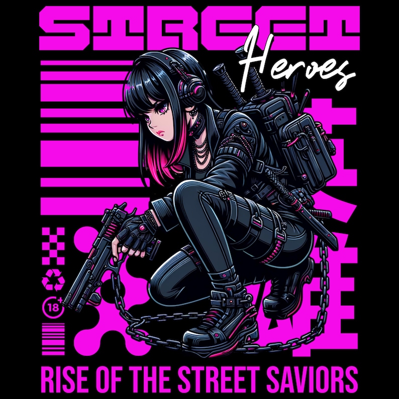 May include: Illustration of a female character in a cyberpunk style, with black hair and pink highlights, wearing a black outfit and holding a gun. The image has the text "STREET Heroes" and "RISE OF THE STREET SAVIORS" in pink.