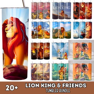 May include: A collection of stainless steel tumblers featuring vibrant illustrations from Disney's The Lion King. The tumblers showcase characters like Simba, Mufasa, and Timon & Pumbaa, with a variety of scenes and designs. The text "LION KING & FRIENDS TUMBLER BUNDLE" is also visible.
