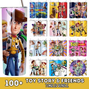 May include: A digital collection of cylindrical tumblers featuring various Toy Story character graphics, including Woody, Buzz Lightyear, and Bo Peep, with colorful backgrounds and the Toy Story logo, presented as a 100+ tumbler bundle.