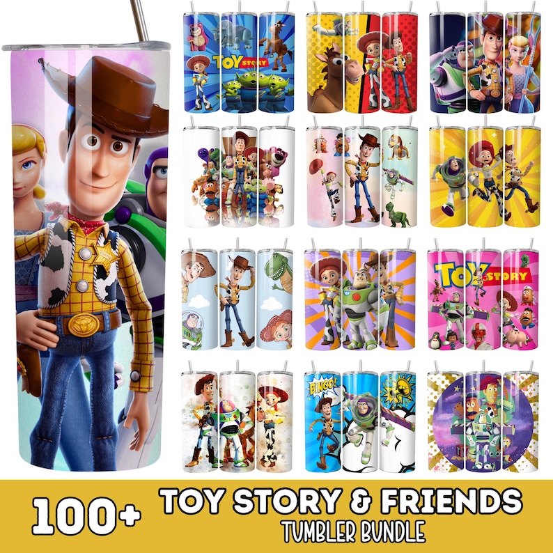 May include: A digital collection of cylindrical tumblers featuring various Toy Story character graphics, including Woody, Buzz Lightyear, and Bo Peep, with colorful backgrounds and the Toy Story logo, presented as a 100+ tumbler bundle.