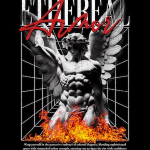 May include: A graphic design featuring a statue of a muscular figure with angel wings, set against a black background with a white grid. The word "ETHEREAL" is at the top, with "Amor" in red script. Flames are at the base.