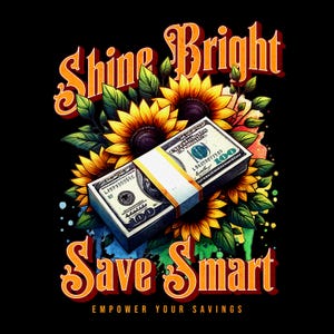 May include: Illustration featuring stacks of $100 bills, sunflowers, and the text "Shine Bright Save Smart Empower Your Savings" on a black background. The design incorporates vibrant colors and a floral arrangement.