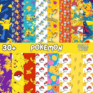 May include: A collection of digital papers featuring various Pokémon characters and designs. The papers showcase Pikachu, Squirtle, Eevee, and other characters, along with Poké Balls and lightning bolts. The text "30+ Pokémon Digital Papers" is displayed.