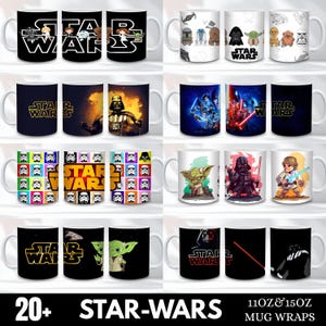 Op de afbeelding: Collectie Star Wars-thema mokken. Ontwerpen omvatten personages als Darth Vader, Yoda en Stormtroopers, samen met het Star Wars-logo. De mokken zijn wit met diverse kleurrijke graphics en tekst. Verkrijgbaar in 11oz en 15oz maten.