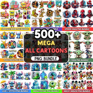 Op de afbeelding: Een verzameling PNG-bundels met tekenfilmfiguren, waaronder SpongeBob, Scooby Doo, Spider-Man, Baby Yoda, Pokemon, Lilo & Stitch, Monster Inc en Mickey Mouse. De afbeelding bevat de tekst "500+ MEGA ALL CARTOONS PNG BUNDLE."