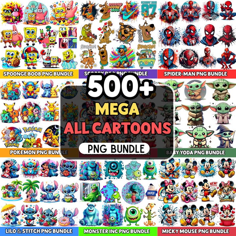 K&ouml;nnte beinhalten: Eine Sammlung von PNG-Bundles mit Cartoon-Charakteren, darunter SpongeBob, Scooby Doo, Spider-Man, Baby Yoda, Pokemon, Lilo & Stitch, Monster AG und Mickey Mouse. Das Bild zeigt den Text "500+ MEGA ALL CARTOONS PNG BUNDLE."