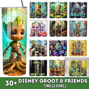 May include: A collection of Disney Groot-themed tumblers with various designs. The tumblers feature images of Groot in different poses and settings, with vibrant colors and detailed artwork. The text "30+ DISNEY GROOT & FRIENDS TUMBLER BUNDLE" is displayed at the bottom.