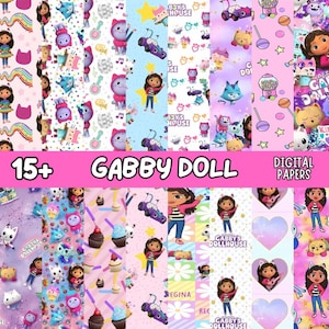 May include: A collection of 15+ Gabby Doll digital papers. The papers feature various patterns with Gabby, cats, cupcakes, and other themed elements in pink, blue, and purple. The text "Gabby Doll" and "Digital Papers" are visible.