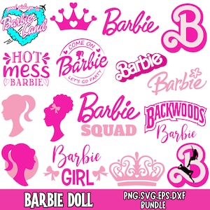 Może przedstawiać: Kolekcja różowych grafik z motywem Barbie, zawierająca słowo "Barbie" w różnych czcionkach, sylwetki, korony i frazy takie jak "Barbie Squad" i "Barbie Girl". Obraz zawiera również tekst "Barbie Doll" i "PNG.SVG.EPS.DXF BUNDLE."