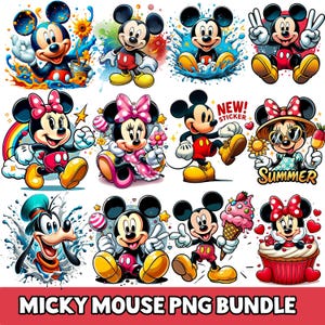 May include: A collection of colorful Mickey Mouse PNG images. Mickey Mouse is depicted in various poses, with vibrant backgrounds and accessories. The text "MICKY MOUSE PNG BUNDLE" is at the bottom.