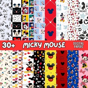 May include: A collection of digital papers featuring Mickey Mouse designs. The papers showcase various patterns, including Mickey's face, gloves, and other iconic elements in red, black, white, and yellow. The text "30+ MICKY MOUSE DIGITAL PAPERS" is displayed.