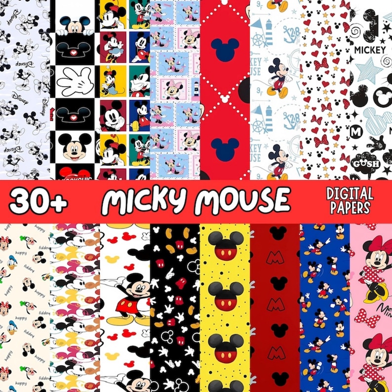 May include: A collection of digital papers featuring Mickey Mouse designs. The papers showcase various patterns, including Mickey's face, gloves, and other iconic elements in red, black, white, and yellow. The text "30+ MICKY MOUSE DIGITAL PAPERS" is displayed.