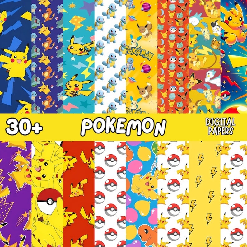 May include: A collection of digital papers featuring various Pokemon characters and designs. The papers showcase Pikachu, Squirtle, Eevee, and other characters, along with Poke Balls and lightning bolts. The text "30+ Pokemon Digital Papers" is displayed.