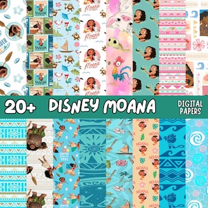 May include: A collection of 20+ digital papers featuring Moana-themed patterns, including illustrations of Moana, Maui, Pua, Heihei, and ocean-inspired motifs like waves, hibiscus flowers, tribal geometric prints, and wooden paddles.