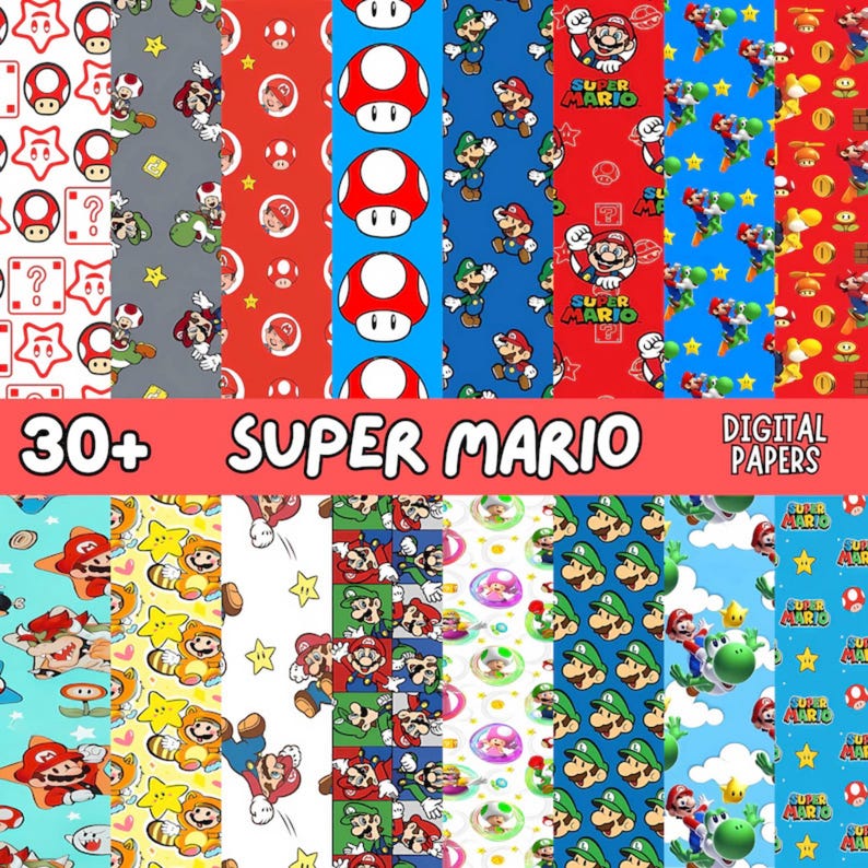 May include: A collection of digital papers featuring Super Mario characters and icons. The designs include Mario, Luigi, mushrooms, stars, and question mark blocks, in various colors like red, blue, and green. The text "30+ SUPER MARIO DIGITAL PAPERS" is displayed.