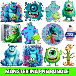 May include: A collection of colorful digital illustrations featuring characters from the animated film "Monster's Inc." The images include various monsters in different poses and styles, with the text "MONSTER INC PNG BUNDLE" at the bottom.