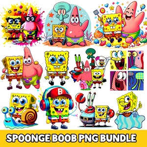 K&ouml;nnte beinhalten: Eine Sammlung farbenfroher digitaler Illustrationen mit Charakteren aus der Zeichentrickserie SpongeBob Schwammkopf. Die Bilder zeigen SpongeBob, Patrick Star, Thadd&auml;us Tentakel und Mr. Krabs in verschiedenen Posen. Der Text "SPOONGE BOOB PNG BUNDLE" befindet sich unten.
