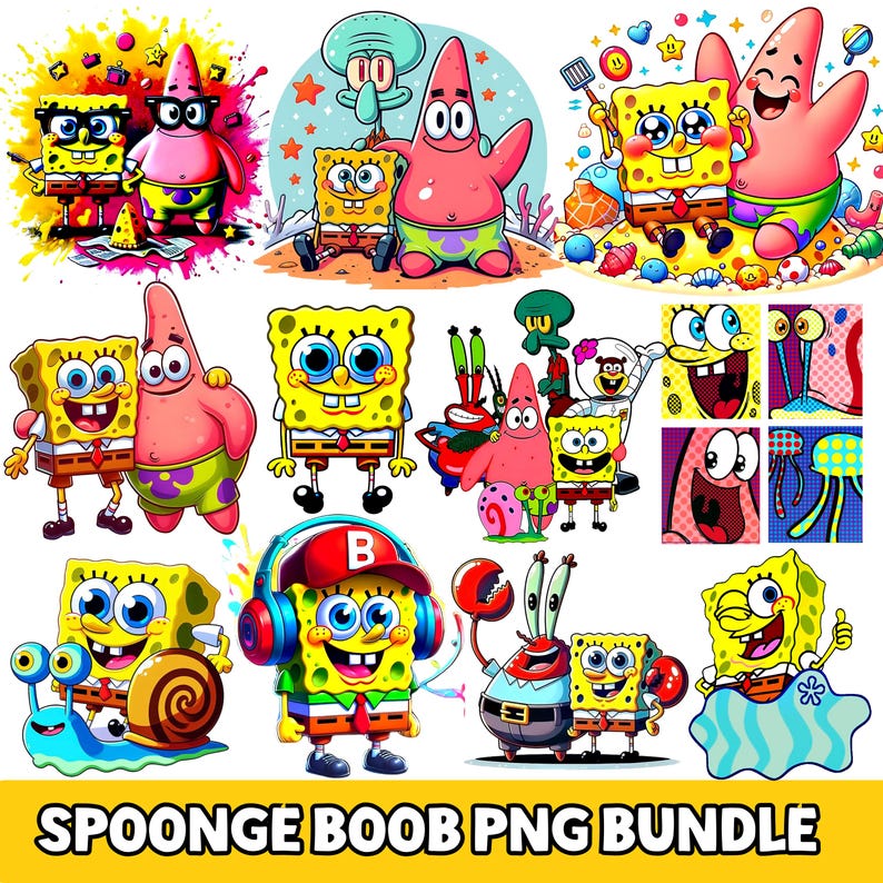 K&ouml;nnte beinhalten: Eine Sammlung farbenfroher digitaler Illustrationen mit Charakteren aus der Zeichentrickserie SpongeBob Schwammkopf. Die Bilder zeigen SpongeBob, Patrick Star, Thadd&auml;us Tentakel und Mr. Krabs in verschiedenen Posen. Der Text "SPOONGE BOOB PNG BUNDLE" befindet sich unten.