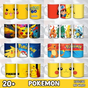 May include: Collection of white ceramic mugs featuring various Pokemon characters and designs. The mugs showcase Pikachu, Charmander, and other characters, with vibrant colors and the Pokemon logo. The mugs are available in 11oz and 15oz sizes.