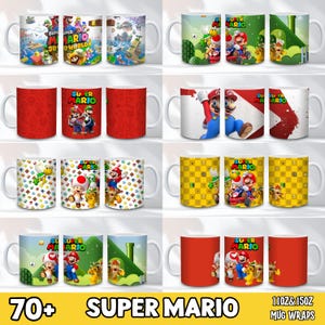 Peut inclure: Une collection de tasses en céramique blanche avec des personnages et des scènes de jeu Super Mario. Les motifs incluent Mario, Luigi, Toad et divers environnements de jeu. Les tasses sont disponibles en tailles de 312 ml et 425 ml, avec le texte "70+ SUPER MARIO MUG WRAPS".