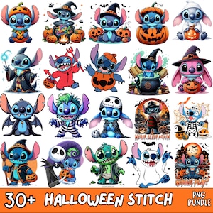 Paquete de más de 30 imágenes PNG de Stitch para Halloween, lindos personajes de Halloween en formato PNG, diseño espeluznante para sublimación, imágenes prediseñadas de Halloween, descarga digital, imágenes PNG imprimibles.