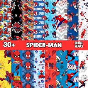 May include: A collection of digital papers featuring Spider-Man. The designs include various patterns with Spider-Man, his mask, and web designs. The color palette includes red, blue, and white. The text "30+ SPIDER-MAN DIGITAL PAPERS" is displayed.