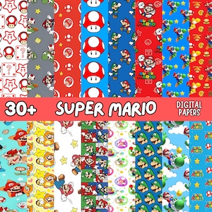 Pode incluir: Uma coleção de papéis digitais com personagens e ícones do Super Mario. Os designs incluem padrões com Mario, Luigi, cogumelos, estrelas e pontos de interrogação em várias cores. O texto "30+ SUPER MARIO DIGITAL PAPERS" é exibido na imagem.