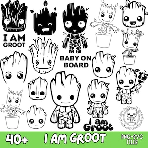 Può includere: Una collezione di illustrazioni grafiche in bianco e nero che mostrano varie rappresentazioni di un personaggio simile a un albero. I disegni includono ritratti, figure intere e versioni in vaso, con il testo I AM GROOT e BABY ON BOARD.
