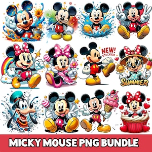 K&ouml;nnte beinhalten: Eine Sammlung farbenfroher Mickey Mouse PNG-Bilder. Mickey Mouse wird in verschiedenen Posen mit lebendigen Hintergr&uuml;nden und Accessoires dargestellt. Der Text "MICKY MOUSE PNG BUNDLE" befindet sich unten.