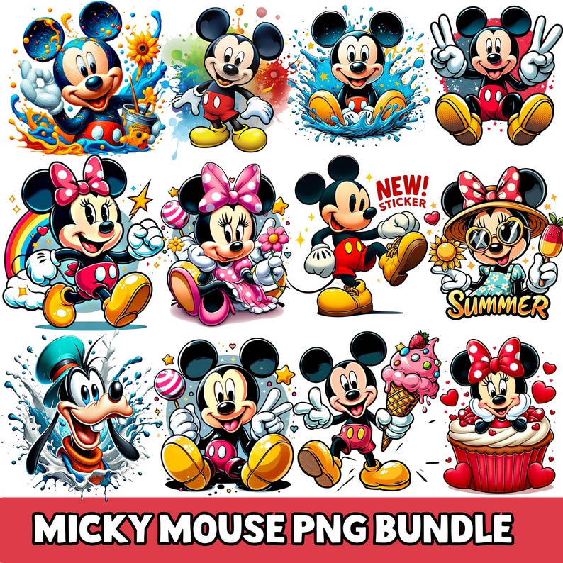 K&ouml;nnte beinhalten: Eine Sammlung farbenfroher Mickey Mouse PNG-Bilder. Mickey Mouse wird in verschiedenen Posen mit lebendigen Hintergr&uuml;nden und Accessoires dargestellt. Der Text "MICKY MOUSE PNG BUNDLE" befindet sich unten.