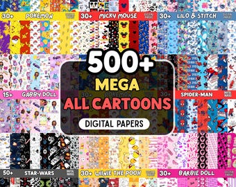500+ Cartoon Digital Paper Mega Bundle, Seamless Pattern, Craft Backgrounds, Scrapbook Printable Pack