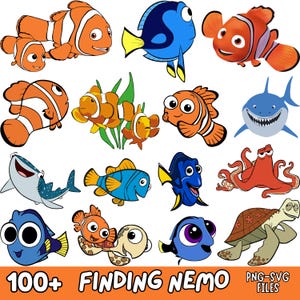 May include: A collection of digital illustrations featuring various cartoon sea creatures including orange and white clownfish, blue tang fish, a shark, an octopus, and a sea turtle. The text 100+ FINDING NEMO PNG-SVG FILES is at the bottom.