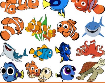 Könnte beinhalten: Eine Sammlung digitaler Illustrationen mit verschiedenen Cartoon-Meeresbewohnern, darunter orange-weiße Clownfische, blaue Doktorfische, ein Hai, ein Oktopus und eine Meeresschildkröte. Der Text 100+ FINDING NEMO PNG-SVG FILES steht am unteren Rand.