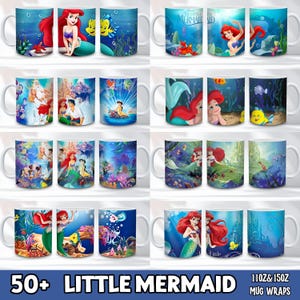 Op de afbeelding: Witte keramische mokken met verschillende sc&egrave;nes en personages uit Disney's "De Kleine Zeemeermin". Ontwerpen omvatten Ariel, Botje en Sebastiaan in onderwateromgevingen. De mokken hebben een capaciteit van 312ml en 425ml.