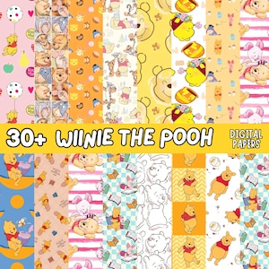 May include: A collection of digital papers featuring Winnie the Pooh and Piglet in various patterns, colors, and poses. The image includes text that reads 30+ WINNIE THE POOH DIGITAL PAPERS, showcasing multiple character illustrations.