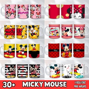 May include: A collection of white ceramic mugs featuring various designs of Mickey Mouse and Minnie Mouse. Designs include polka dots, character illustrations, and the words "Minnie" and "Mickey Mouse". The mugs are in various colors, including pink, red, yellow, and black.