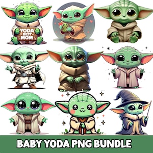 K&ouml;nnte beinhalten: Eine Sammlung von neun digitalen Illustrationen von Baby Yoda, jede mit einer einzigartigen Pose und Kleidung. Die Bilder zeigen die Figur in verschiedenen Outfits, darunter Roben und ein Zauberkost&uuml;m. Der Text "YODA BEST MOM" ist in einem Bild zu sehen. Der Text "BABY YODA PNG BUNDLE" befindet sich unten.
