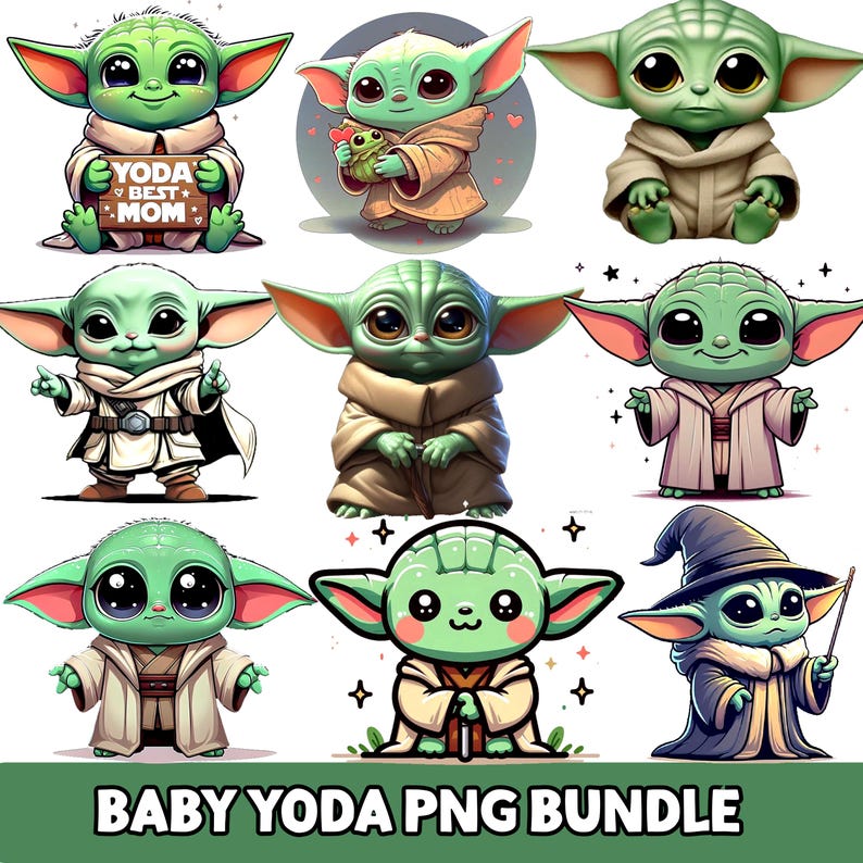 K&ouml;nnte beinhalten: Eine Sammlung von neun digitalen Illustrationen von Baby Yoda, jede mit einer einzigartigen Pose und Kleidung. Die Bilder zeigen die Figur in verschiedenen Outfits, darunter Roben und ein Zauberkost&uuml;m. Der Text "YODA BEST MOM" ist in einem Bild zu sehen. Der Text "BABY YODA PNG BUNDLE" befindet sich unten.