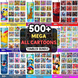 Könnte beinhalten: Eine Sammlung von Bechern mit Cartoon-Motiven, darunter SpongeBob, Scooby-Doo, Spider-Man, Pokémon, Teddybären, Lilo & Stitch, Schlümpfe und Mickey Mouse. Das Bild enthält den Text "500+ MEGA ALL CARTOONS TUMBLER BUNDLE."