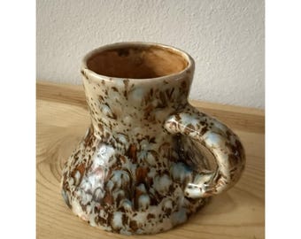 VTG Signed No-Spill Coffee Mug: Brown, Ice Blue Glazed Pottery
