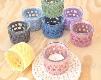 Gehaakte theelichthouder met glas en theelichtje – Boho decoratie – theelichtglas met deksel – gehaakte theelichthouder – Cadeau-idee